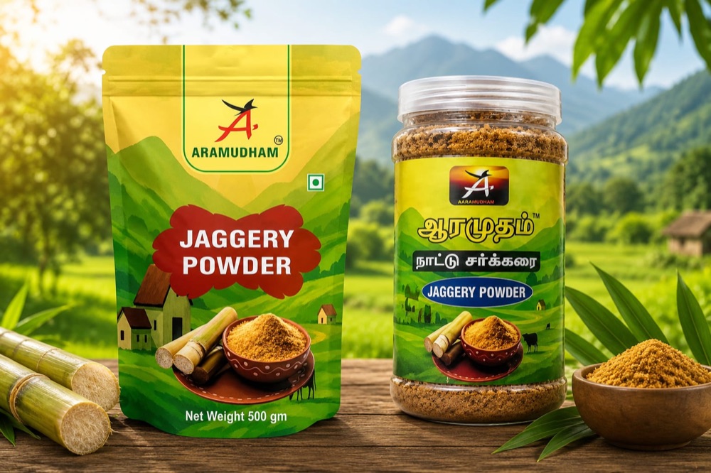 Aramudham Jaggery Powder pouch and bottle