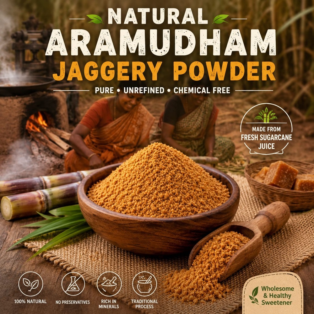 Traditional jaggery preparation at Aramudham